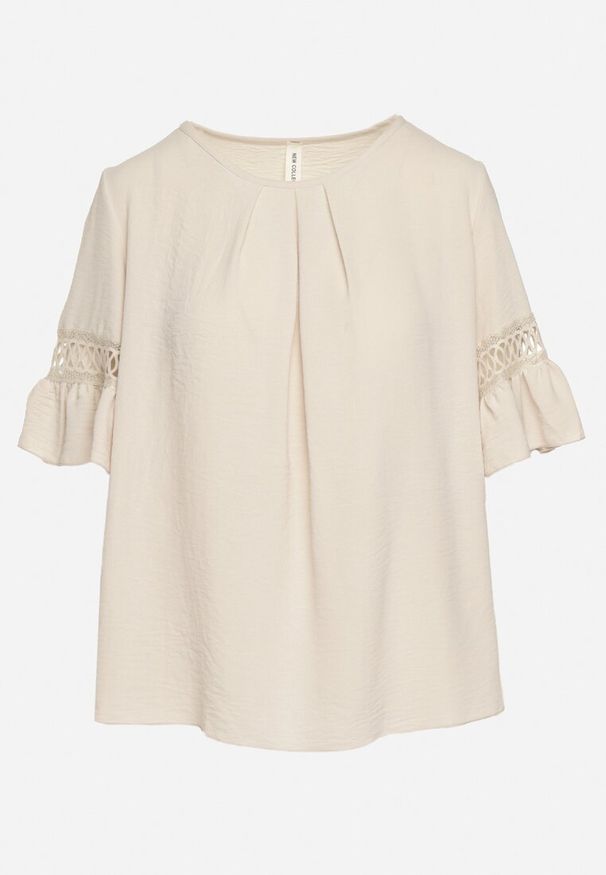 Born2be - Beżowa Bluzka o Luźnym Kroju z Koronkowymi Wstawkami na Rękawach Lennera. Okazja: na co dzień. Kolor: beżowy. Materiał: koronka. Styl: casual