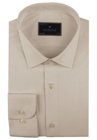 Delikatnie Taliowana Elegancka Koszula Męska - Victorio - Kolor Kawy z Mlekiem. Kolor: brązowy, wielokolorowy, beżowy. Materiał: bawełna, elastan, poliester. Styl: elegancki #2