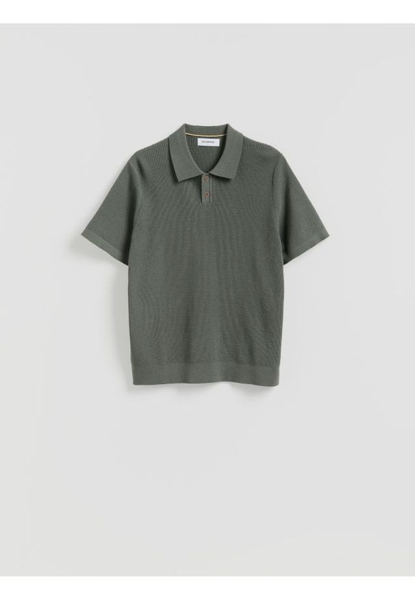 Reserved - Strukturalny sweter polo - jasny zielony. Typ kołnierza: polo. Kolor: zielony. Materiał: bawełna, dzianina