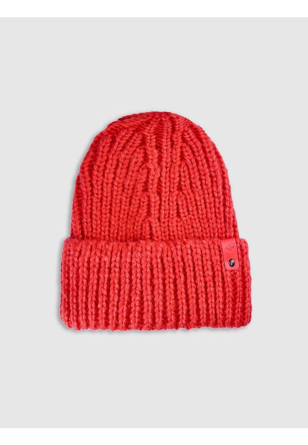 4f - 4F Czapka beanie damska - czerwona S. Kolor: czerwony. Materiał: dzianina, syntetyk, materiał. Sezon: zima. Styl: klasyczny, sportowy