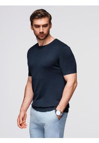 Ombre Clothing - Męska klasyczna dzianinowa koszulka ze ściągaczami– granatowa V1 - Rozmiar: L. Kolor: czarny. Materiał: dzianina. Wzór: gładki, ze splotem. Styl: klasyczny