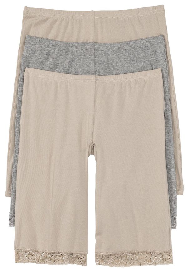 bonprix - Długie bokserki damskie z koronką (3 pary). Kolor: beżowy. Materiał: koronka. Długość: długie. Wzór: koronka