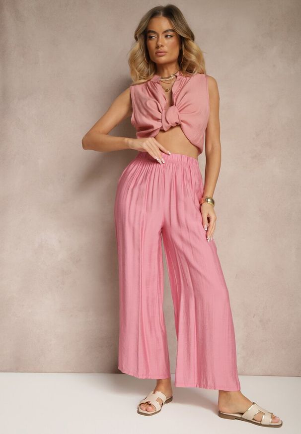 Renee - Różowe Spodnie Palazzo o Szerokim Kroju High Waist Lislevia. Okazja: na co dzień. Stan: podwyższony. Kolor: różowy. Styl: elegancki, casual