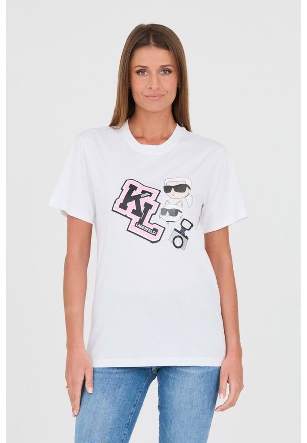 Karl Lagerfeld - KARL LAGERFELD Biały damski t-shirt Ikonik Varsity Tee, Rozmiar M. Kolor: biały. Materiał: bawełna