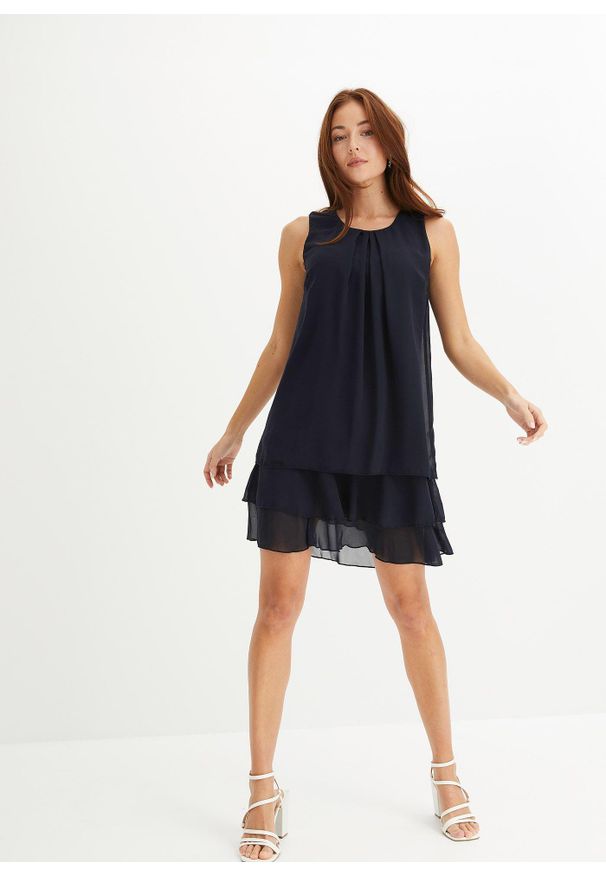 bonprix - Sukienka szyfonowa z poliestru z recyklingu. Kolor: niebieski. Materiał: poliester, szyfon. Długość rękawa: bez rękawów. Styl: elegancki