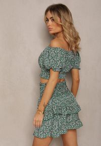Renee - Zielony Komplet w Kwiaty 2-Częściowy Top w Stylu Hiszpanki i Spódnica z Falbanką Crispa. Kolor: zielony. Materiał: materiał. Wzór: kwiaty #5