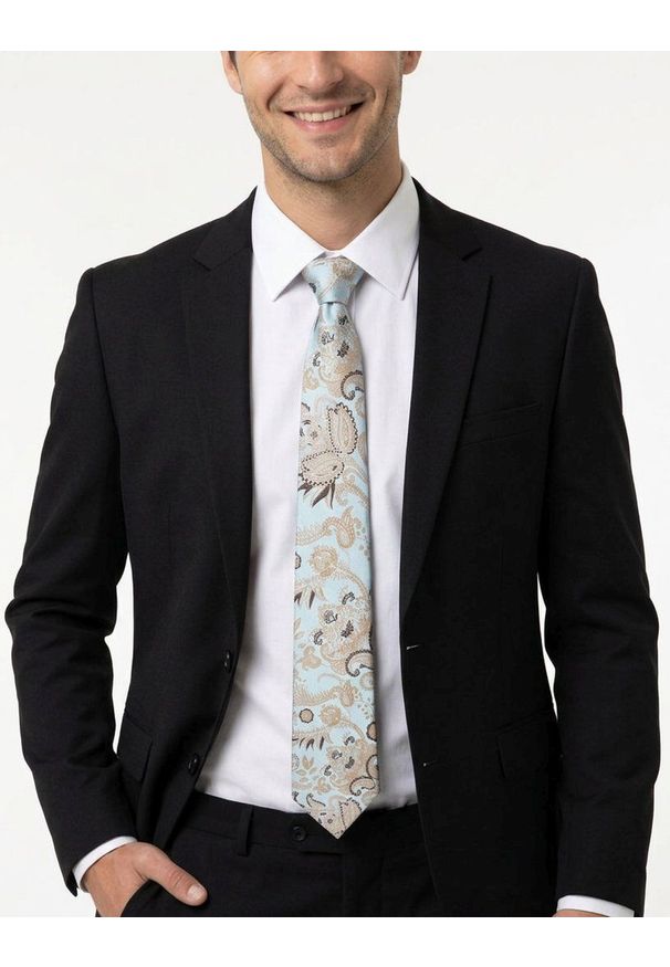 Męski Krawat - Pudrowy Błękit, Beżowy Wzór - Alties. Kolor: niebieski. Materiał: tkanina. Styl: elegancki, wizytowy