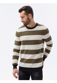 Ombre Clothing - Sweter męski w paski - oliwkowy V4 E189 - XXL. Kolor: oliwkowy. Materiał: bawełna, dzianina. Wzór: paski. Styl: klasyczny #4