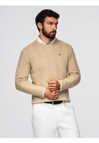 Ombre Clothing - Sweter męski z dzianiny o zygzakowym splocie – piaskowy V1 - Rozmiar: XL. Okazja: do pracy, na co dzień. Materiał: dzianina. Wzór: ze splotem. Styl: casual #1