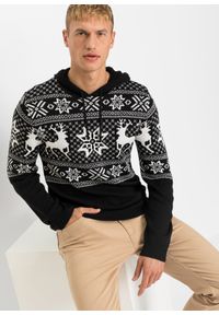 bonprix - Sweter w norweski wzór, z kapturem. Typ kołnierza: kaptur. Kolor: czarny. Wzór: prążki #1