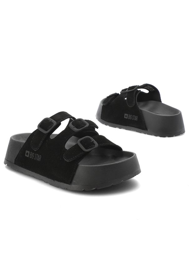 Big-Star - Klapki damskie Big Star, cholewka z materiału tekstylnego z dwoma regulowanymi paskami i sprzączkami, czarne, TT274531. Okazja: na co dzień. Kolor: czarny. Materiał: materiał. Wzór: paski. Sezon: lato. Styl: elegancki, klasyczny, casual