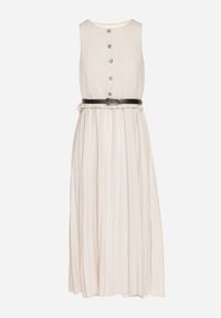 Born2be - Beżowa Sukienka Bez Rękawów z Plisami i Paskiem z Klamrą Iffale. Okazja: na spacer, na co dzień. Kolor: beżowy. Długość rękawa: bez rękawów. Styl: casual, klasyczny #6