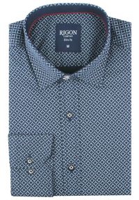 Męska Koszula, Taliowana (Slim Fit) - Rigon - Granat, Wzór. Okazja: do pracy, na spotkanie biznesowe. Kolor: niebieski. Materiał: bawełna, poliester, elastan. Długość rękawa: długi rękaw. Długość: długie. Styl: wizytowy, elegancki, biznesowy #2