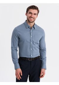 Ombre Clothing - Męska koszula SLIM FIT z ozdobnej tkaniny z kieszonką – niebieska V1 - Rozmiar: L. Okazja: do pracy. Typ kołnierza: kołnierzyk klasyczny. Kolor: niebieski. Materiał: tkanina. Wzór: haft, ze splotem. Styl: klasyczny, elegancki #4