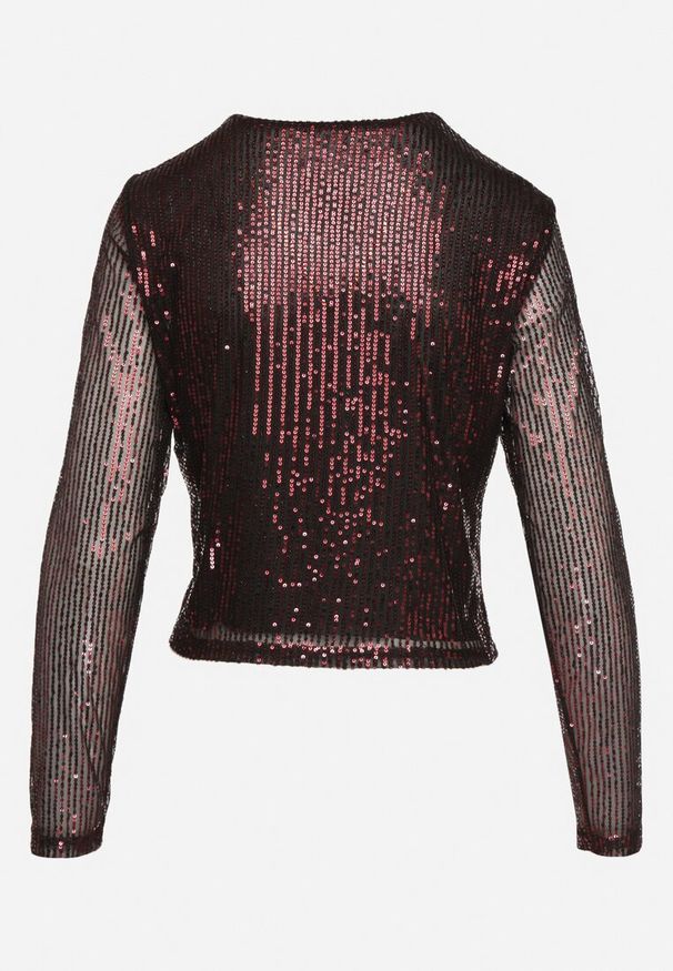 Born2be - Bordowa Siateczkowa Bluzka Ozdobiona Cekinami Nalitea. Okazja: na co dzień. Kolor: czerwony. Materiał: jeans. Wzór: aplikacja. Styl: elegancki, casual