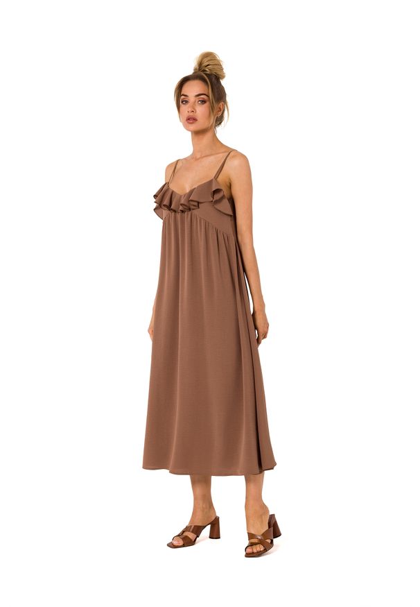 MOE - Midi Sukienka na Cienkich Ramiączkach - Czekoladowa. Kolor: brązowy. Materiał: poliester, elastan. Długość rękawa: na ramiączkach. Długość: midi