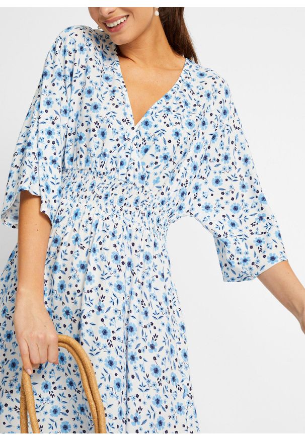 bonprix - Długa sukienka z czystej wiskozy. Kolor: niebieski. Materiał: wiskoza. Wzór: nadruk. Styl: elegancki. Długość: maxi