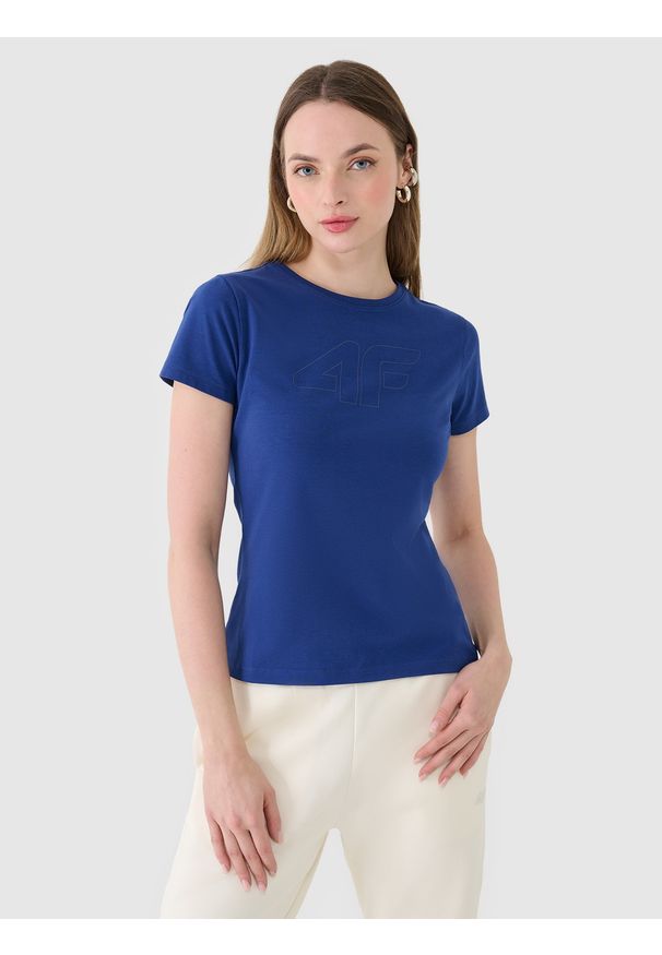4f - 4F T-shirt slim z nadrukiem damski - granatowy S. Okazja: na co dzień. Kolor: niebieski. Materiał: dzianina, bawełna, jersey, materiał, elastan. Wzór: nadruk. Styl: klasyczny, sportowy, casual