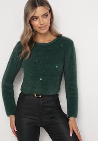 Born2be - Zielony Sweter z Dłuższym Włosiem i Kryształkami Hennilla. Kolekcja: plus size. Kolor: zielony. Materiał: dzianina. Długość rękawa: długi rękaw. Długość: długie #1