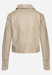 Born2be - Beżowa Kurtka Ramoneska z Ekoskóry z Paskiem w Talii Mevarela. Kolor: beżowy. Materiał: jeans. Styl: elegancki, wizytowy #3