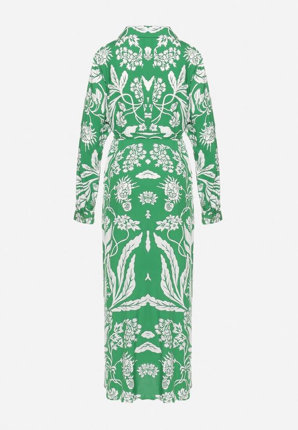 Born2be - Zielona Koszulowa Sukienka z Roślinnym Wzorem z Wiązanym Paskiem Rosallen. Kolor: zielony. Wzór: aplikacja. Typ sukienki: koszulowe. Długość: maxi