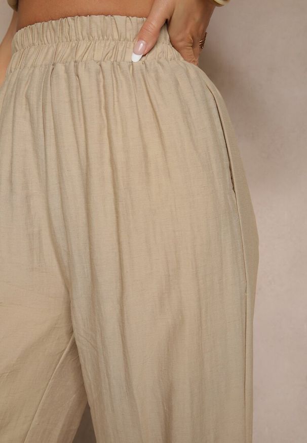 Renee - Ciemnobeżowe Wiskozowe Spodnie Palazzo High Waist z Lnem Linaselia. Okazja: na co dzień. Stan: podwyższony. Kolor: beżowy. Materiał: len, wiskoza. Styl: elegancki, casual