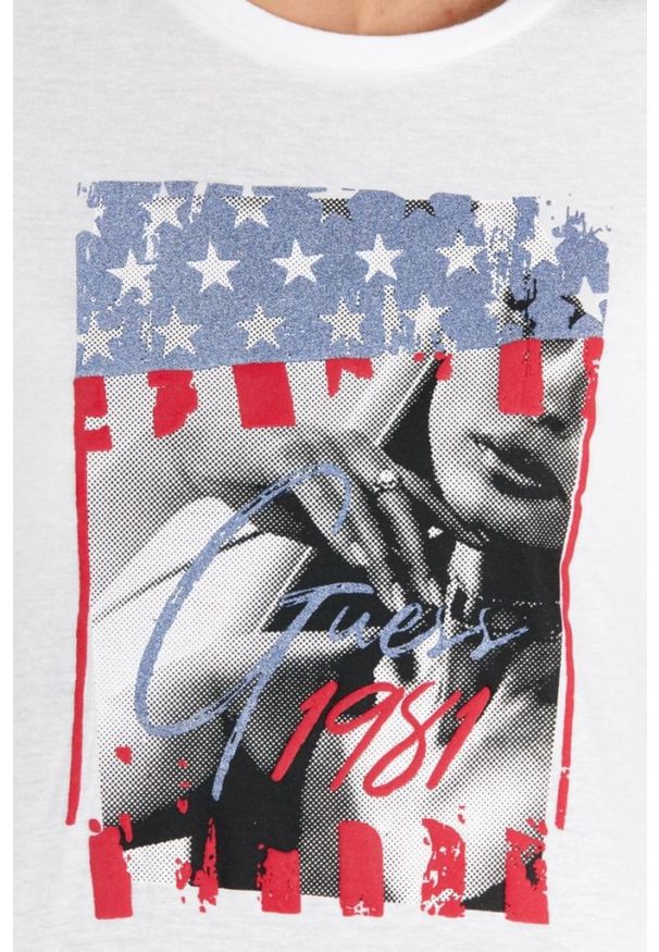 Guess - GUESS Biały t-shirt damski z nadrukiem i wiązaniem na plecach, Rozmiar XS. Kolor: biały. Materiał: bawełna. Wzór: nadruk