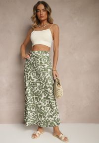 Renee - Zielono-Beżowa Panterkowa Spódnica z Wiskozy High Waist Fevirellea. Okazja: na co dzień, na spacer. Stan: podwyższony. Kolor: zielony. Materiał: wiskoza. Wzór: motyw zwierzęcy. Styl: elegancki, casual #5