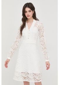 Morgan sukienka kolor biały mini rozkloszowana. Kolor: biały. Materiał: tkanina. Długość rękawa: długi rękaw. Typ sukienki: rozkloszowane. Długość: mini