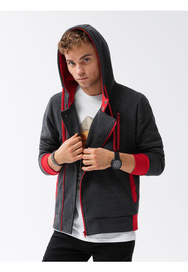 Ombre Clothing - Bluza męska rozpinana z kapturem B297 - grafitowa/czerwona - XXL. Typ kołnierza: kaptur. Kolor: czerwony. Materiał: bawełna, dzianina, poliester