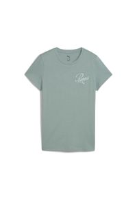 Puma - Damska koszulka ESS SCRIPT PUMA Green Moon. Kolor: zielony. Wzór: haft
