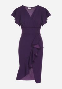 Born2be - Fioletowa Dopasowana Sukienka z Kopertowym Dekoltem i Falbankami Leolani. Okazja: na co dzień. Typ kołnierza: kołnierz z falbankami. Kolor: fioletowy. Materiał: tkanina, jeans. Sezon: lato. Typ sukienki: kopertowe. Styl: casual, klasyczny #3