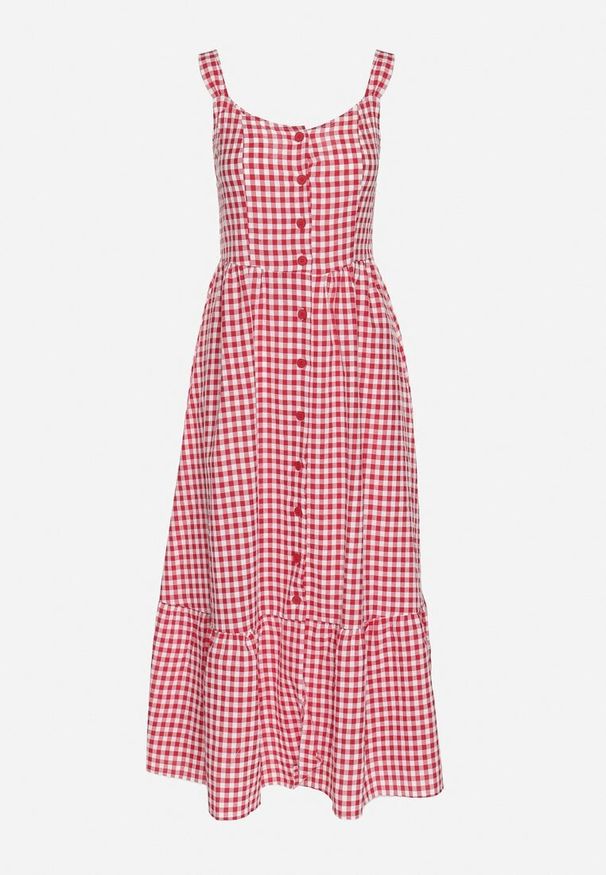 Born2be - Czerwona Sukienka w Drobną Kratkę Ozdobiona Guzikami Lenimme. Okazja: na co dzień. Kolor: czerwony. Długość rękawa: na ramiączkach. Wzór: aplikacja, kratka. Styl: casual, elegancki, vintage