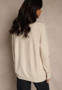 Renee - Beżowy Klasyczny Sweter z Wełną i Bawełną Bez Zdobień Neandia. Kolor: beżowy. Materiał: wełna, bawełna. Wzór: aplikacja. Styl: klasyczny #3