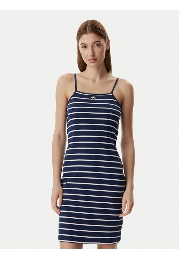 Karl Lagerfeld - KARL LAGERFELD Sukienka codzienna B2W13043 Niebieski Slim Fit. Okazja: na co dzień. Typ kołnierza: dekolt w karo. Kolor: niebieski. Materiał: bawełna. Typ sukienki: proste. Styl: casual