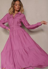 Renee - Fioletowa Rozkloszowana Sukienka z Wiskozy z Guzikami i Paskiem Ronesa. Okazja: na co dzień. Kolor: fioletowy. Materiał: wiskoza. Typ sukienki: proste. Styl: casual, elegancki #4