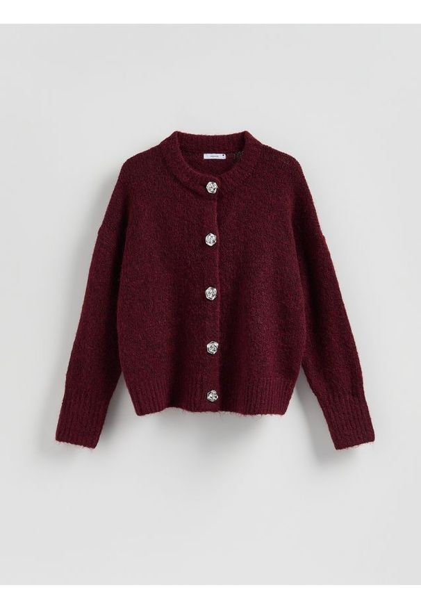 Reserved - Kardigan z dekoracyjnymi guzikami - bordowy. Kolor: czerwony. Materiał: dzianina, wełna