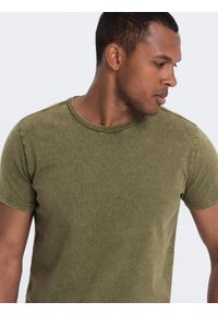 Ombre Clothing - T-shirt męski z efektem ACID WASH - oliwkowy V4 S1638 - XXL. Kolor: oliwkowy. Materiał: bawełna, dzianina #4