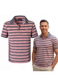 Bawełniana, Męska Koszulka Polo - Pako Jeans - Łososiowe Pasy. Okazja: na co dzień. Typ kołnierza: polo. Kolor: różowy. Materiał: bawełna. Wzór: prążki, paski. Styl: casual #2