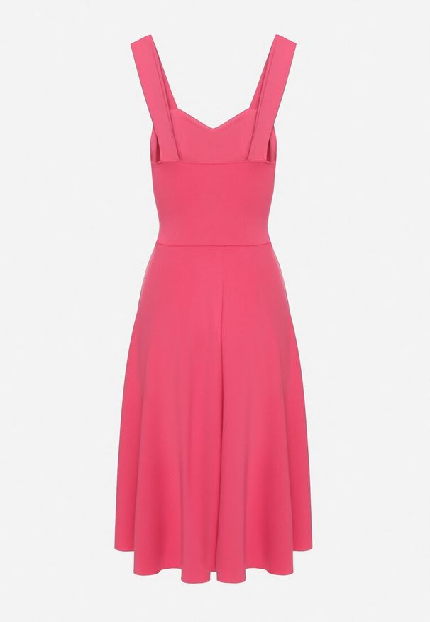 Born2be - Fuksjowa Rozkloszowana Sukienka Midi na Ramiączkach z Głębokim Dekoltem Maudia. Kolor: różowy. Długość rękawa: na ramiączkach. Długość: midi