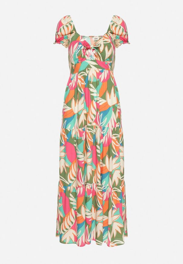 Born2be - Zielona Wiskozowa Sukienka w Kwiaty z Wiązaniem przy Dekolcie i Falbanką Meviera. Okazja: na co dzień, na randkę, na spacer. Kolor: zielony. Materiał: wiskoza. Wzór: kwiaty. Sezon: lato. Styl: casual