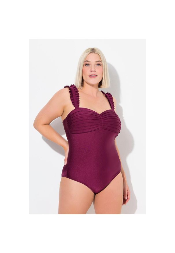 ULLA POPKEN - Damski Strój kąpielowy plisy miękkie miseczki ramiączka z regulacją. Kolekcja: plus size. Kolor: fioletowy. Materiał: elastan, poliamid, materiał