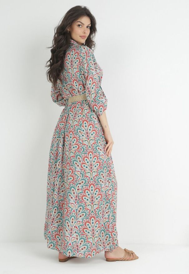 Born2be - Czerwono-Niebieska Sukienka z Guzikami i Plecionym Paskiem z Klamrą Aralty. Kolor: zielony. Długość rękawa: długi rękaw. Sezon: wiosna, lato. Typ sukienki: koszulowe