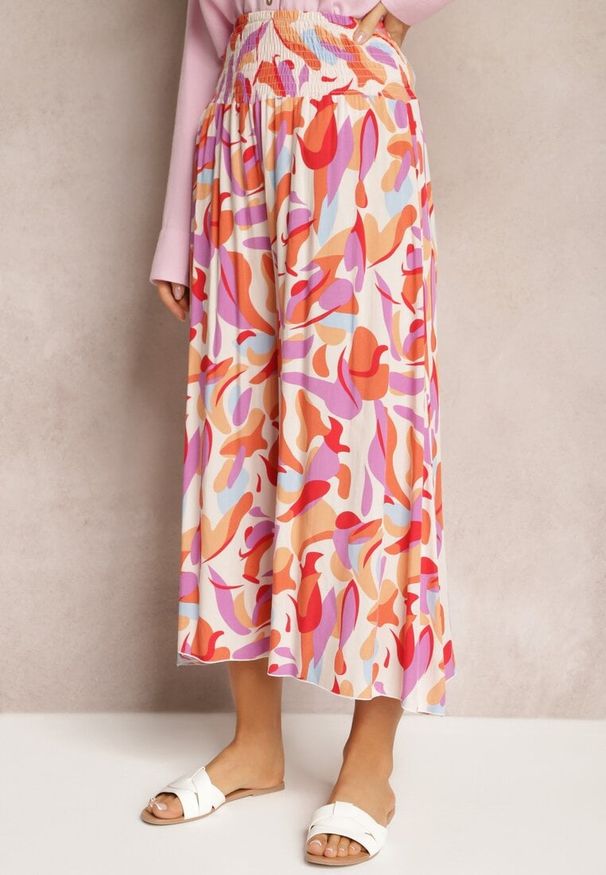 Renee - Beżowo-Różowe Spodnie Kuloty z Wiskozy High Waist z Gumką w Pasie Alaqinta. Okazja: na co dzień. Stan: podwyższony. Kolor: beżowy. Materiał: wiskoza. Styl: casual, elegancki