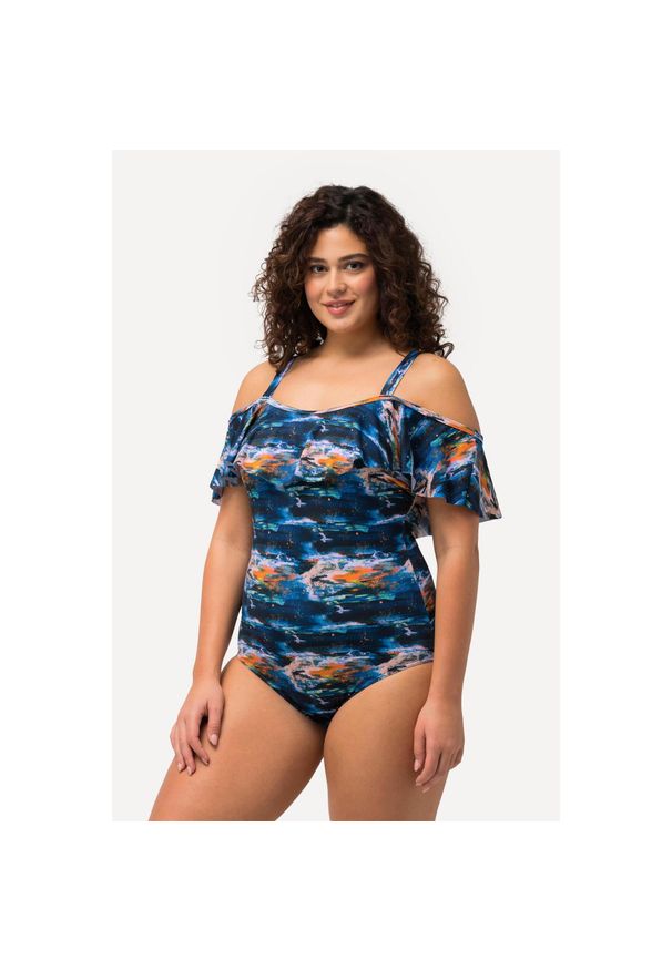 ULLA POPKEN - Damski Strój kąpielowy falbana miękkie miseczki ramiączka z regulacją. Kolekcja: plus size. Kolor: niebieski. Materiał: elastan, poliamid, materiał