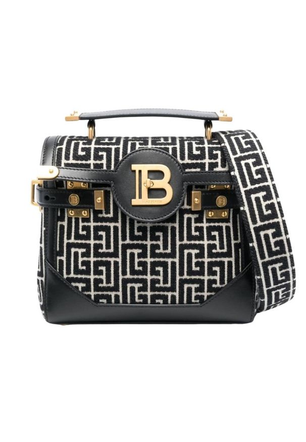 Balmain - BALMAIN Czarny kuferek damski Classic Handle Bag M. Kolor: czarny. Wzór: aplikacja, geometria. Materiał: zdobione. Rodzaj torebki: na ramię