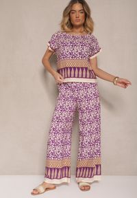 Renee - Fioletowy Komplet z Bawełny w Print Boho Szerokie Spodnie i Koszulka Telanitha. Kolor: fioletowy. Materiał: bawełna. Wzór: nadruk #4