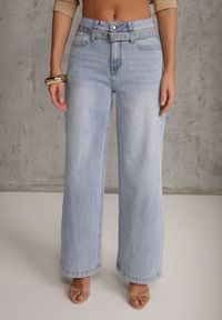 Renee - Niebieskie Jeansy Wide Leg High Waist z Bawełną z Denimowym Paskiem Evanna. Okazja: na co dzień. Stan: podwyższony. Kolor: niebieski. Styl: casual #2