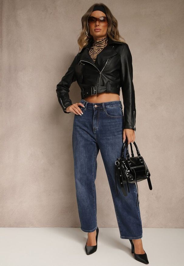 Renee - Niebieskie Bawełniane Jeansy Mom Fit z Wysokim Stanem Nelinela. Okazja: na co dzień. Stan: podwyższony. Kolor: niebieski. Styl: klasyczny, casual