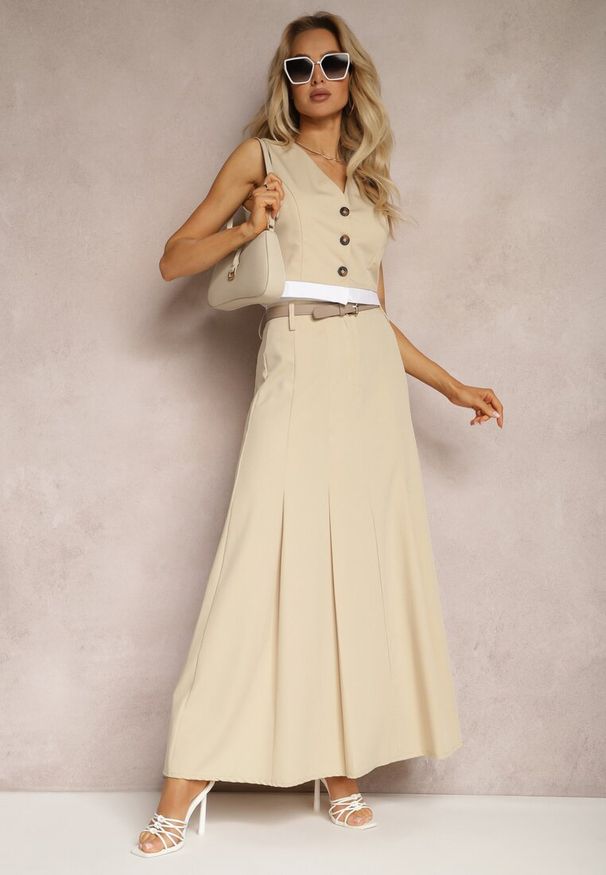 Renee - Beżowa Krótka Kamizelka Garniturowa Zapinana na Guziki Anlara. Kolor: beżowy. Długość: krótkie. Styl: klasyczny, elegancki, wizytowy